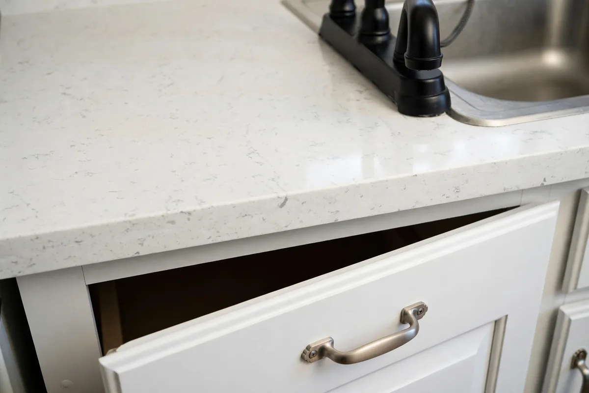 Same corner renovated with quartz countertop and modern pull-down faucet