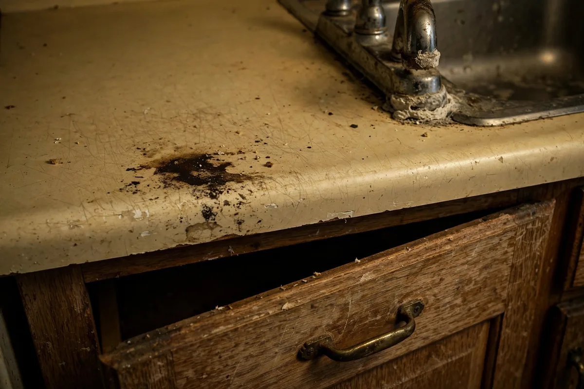 Worn laminate counter corner with stained faucet before renovation