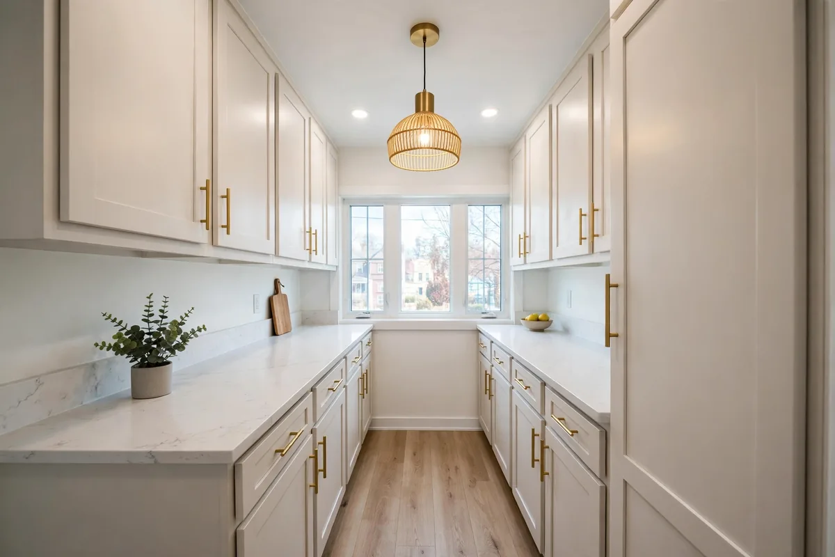 Same galley kitchen opened up with light cabinets and new flooring