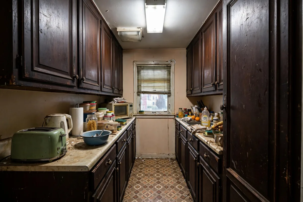 Dark cramped galley kitchen with old linoleum before renovation