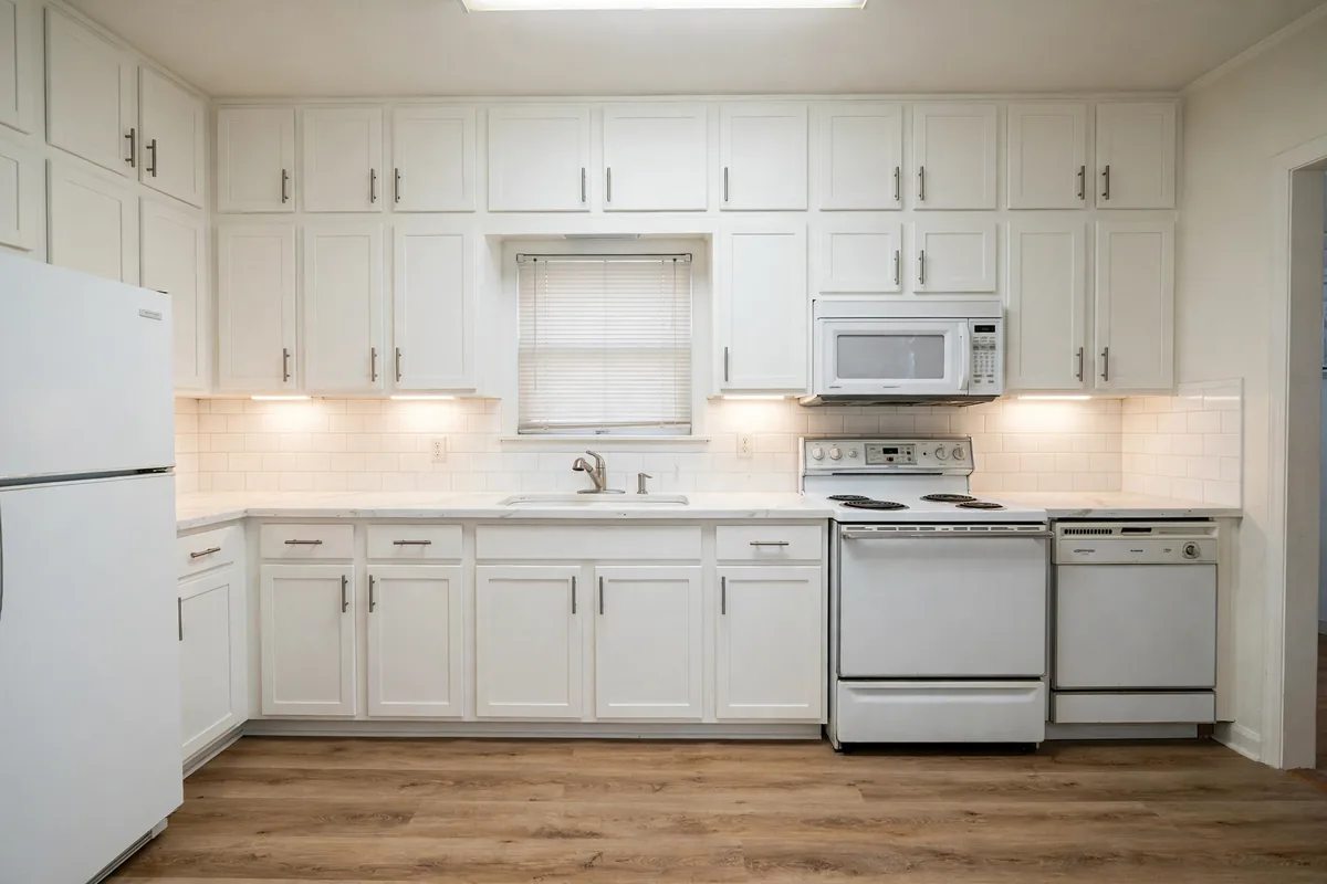 Same kitchen remodeled with white shaker cabinets, quartz counters, and new lighting