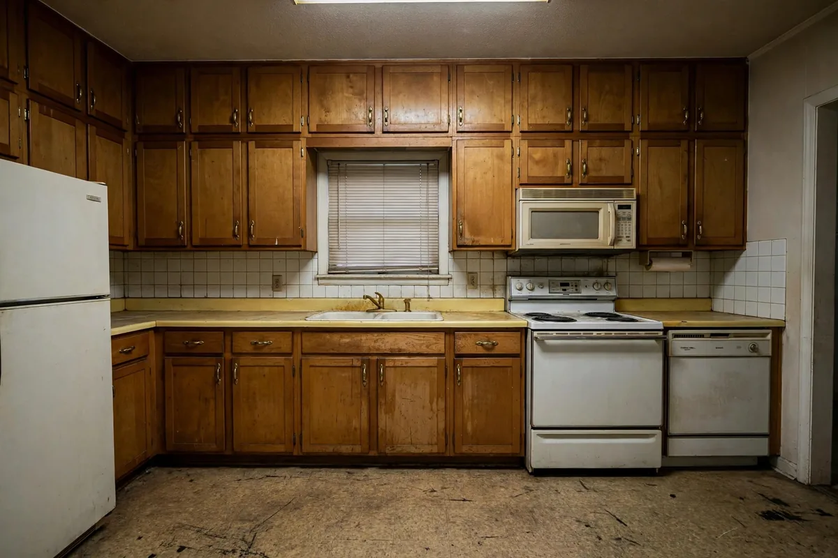 Dated oak kitchen with worn cabinets and old flooring before remodeling