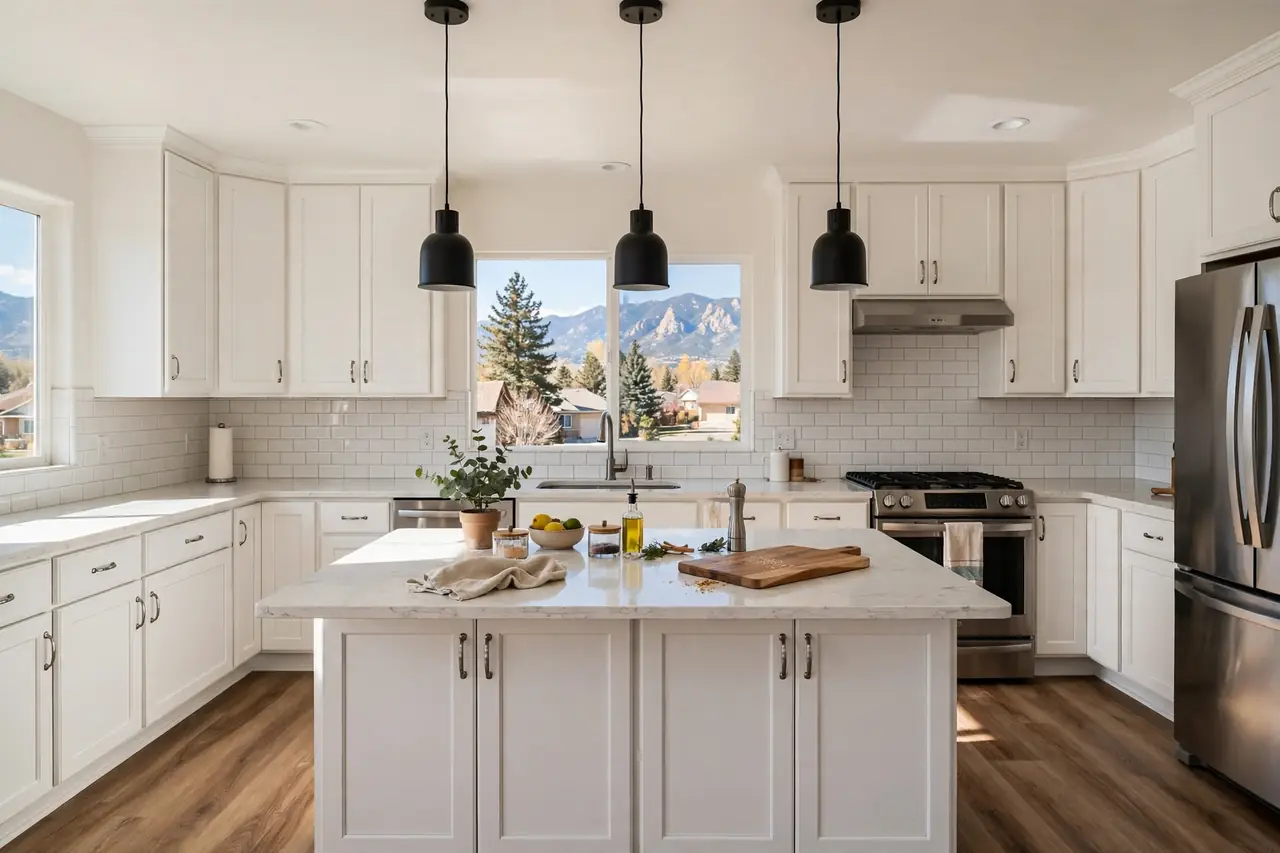 Remodeled Colorado Springs kitchen with white shaker cabinets, quartz island, pendant lighting, and mountain views after renovation