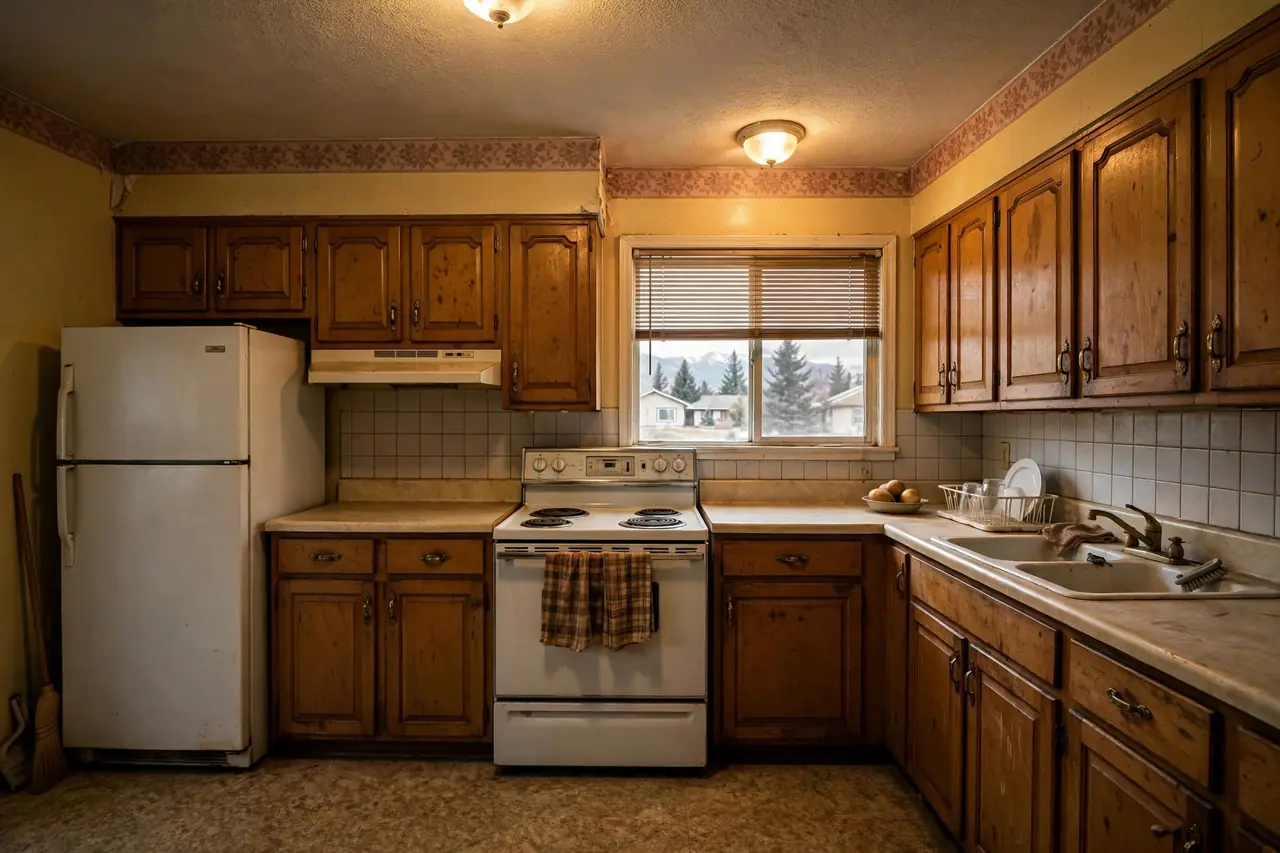 Dated 1990s oak kitchen in a Colorado Springs home with worn cabinets and old appliances before remodeling