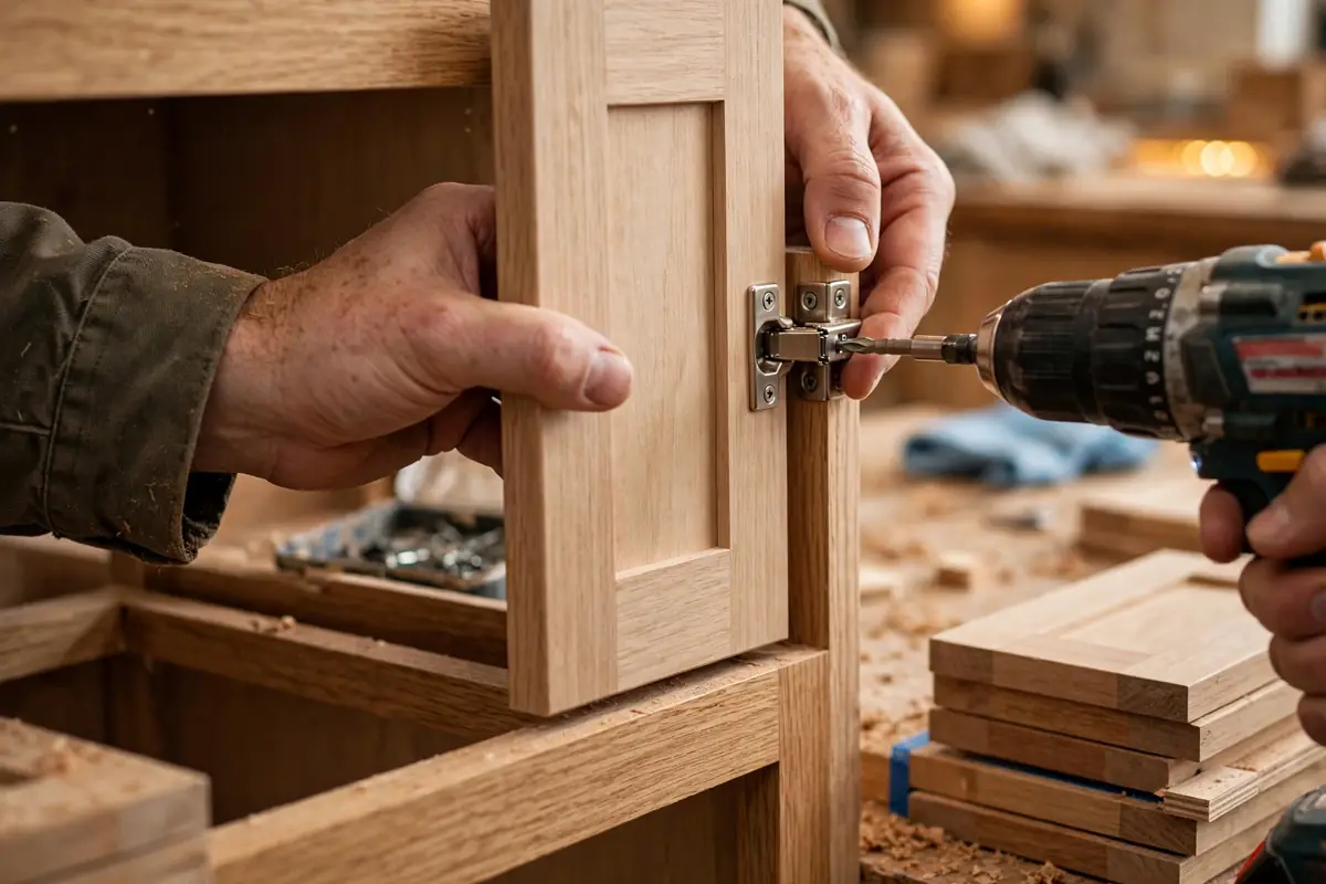 New cabinet door being fitted during cabinet refacing in Colorado Springs, door replacement detail