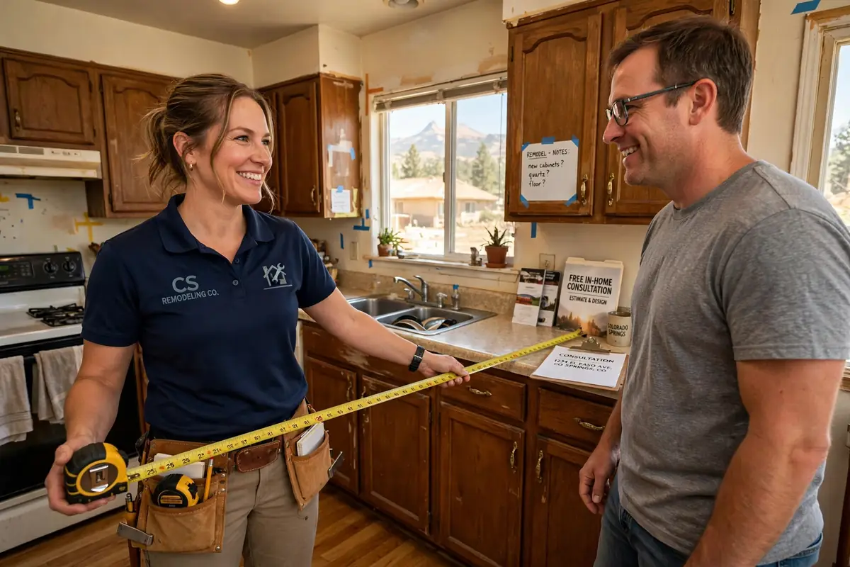 Free in-home kitchen consultation in Colorado Springs with a remodeler measuring the kitchen