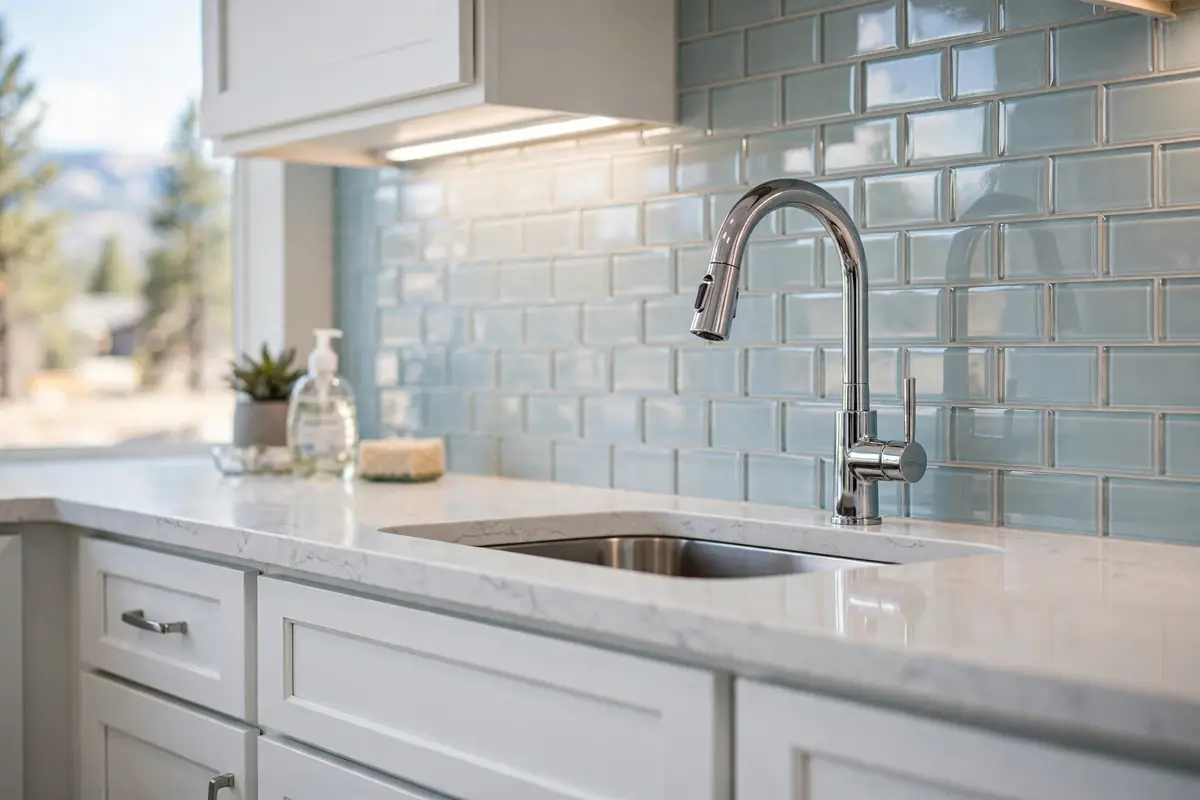 Builder-grade kitchen upgrade in Falcon CO with new quartz counters and glass tile backsplash