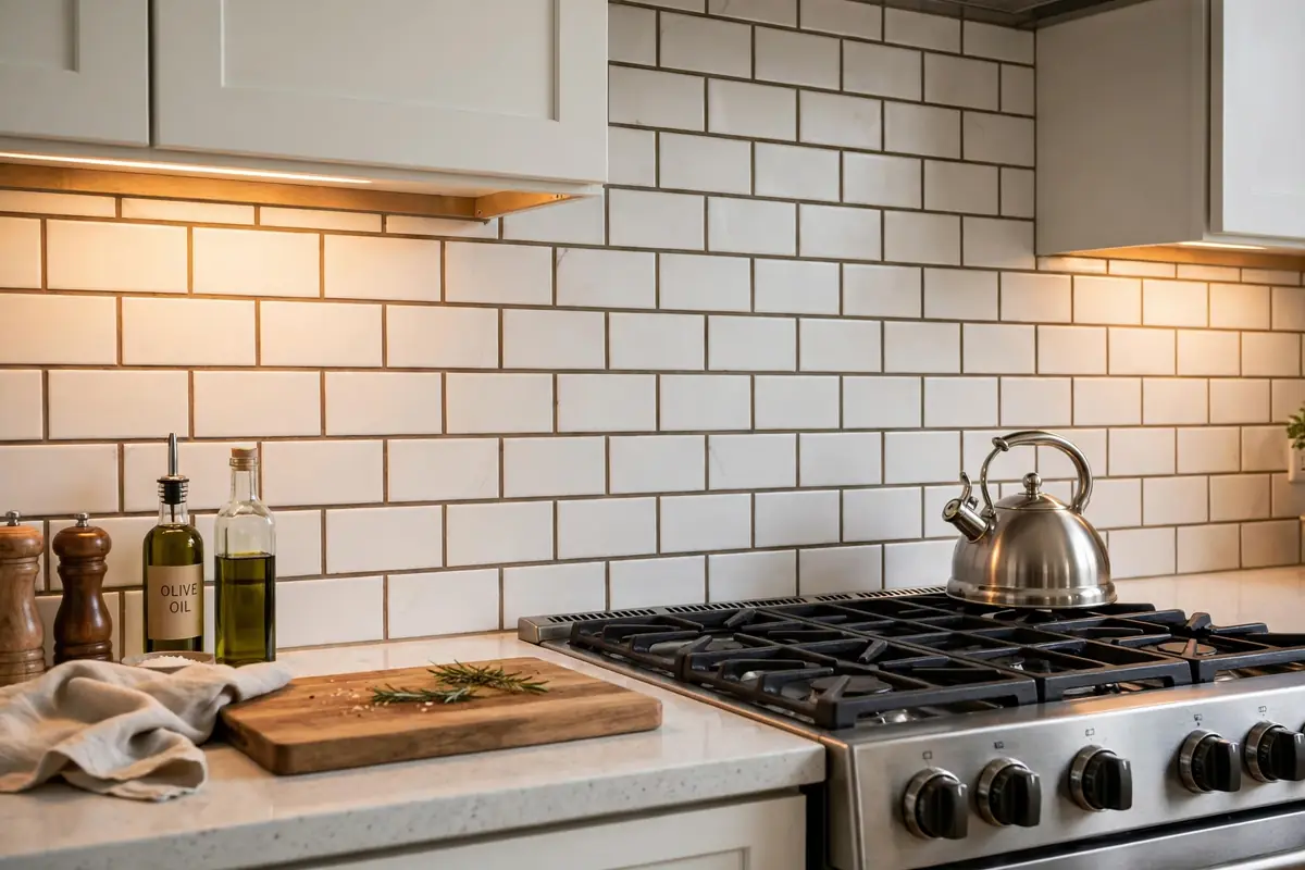 Finished subway tile backsplash with warm gray grout behind a kitchen range in Colorado Springs