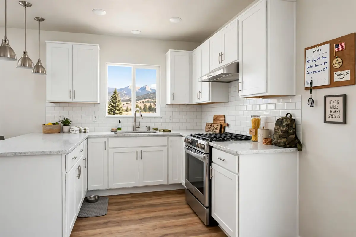 Value kitchen remodel Fountain CO: white shaker cabinets, quartz-look counters, vinyl plank floors