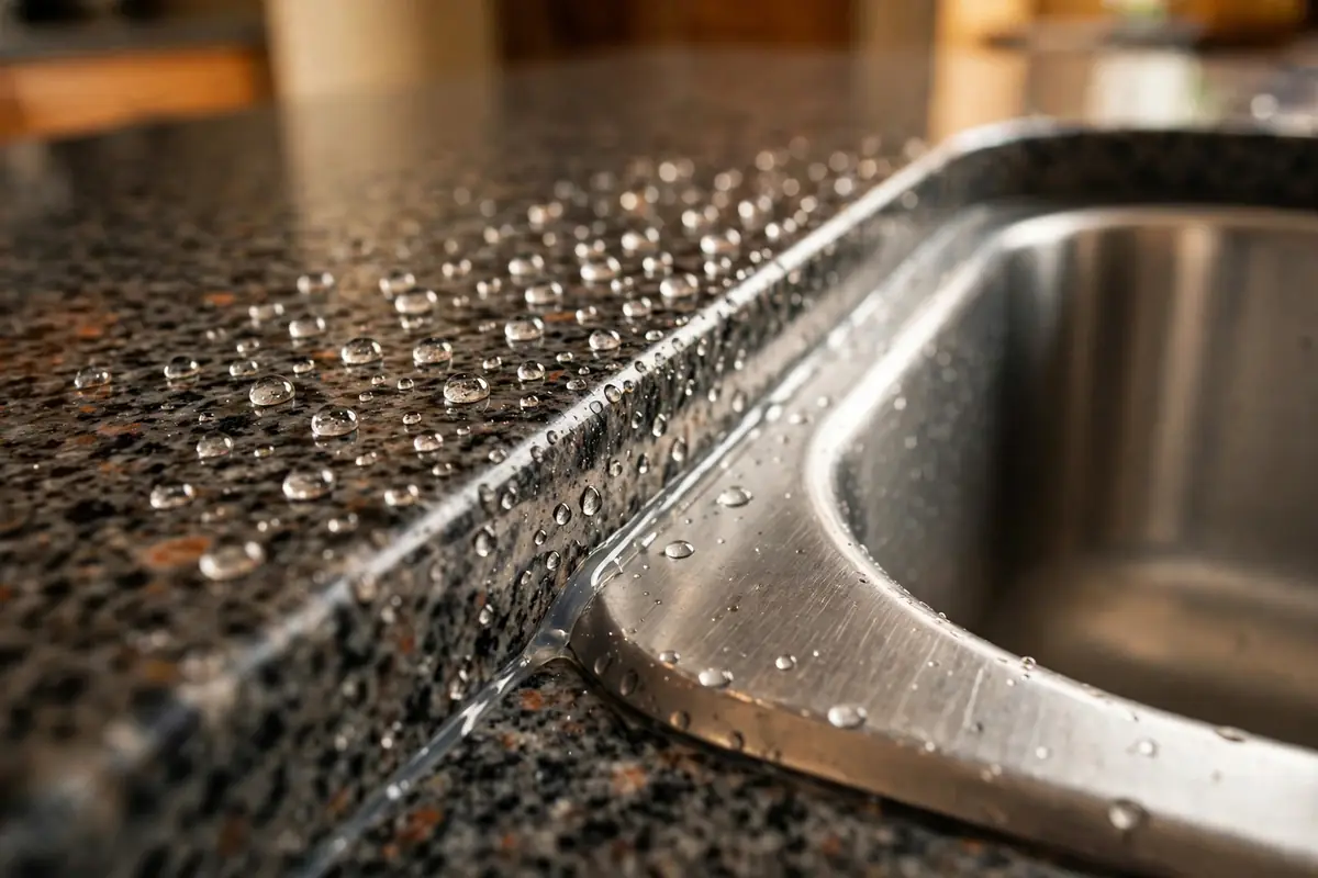 Water beading on a freshly sealed granite kitchen countertop near the sink