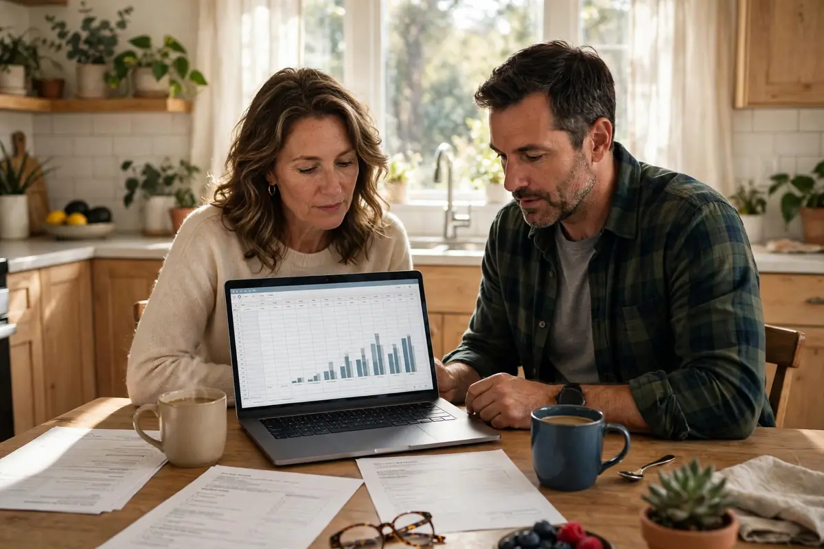 Couple reviewing kitchen remodel financing documents and budget at their kitchen table