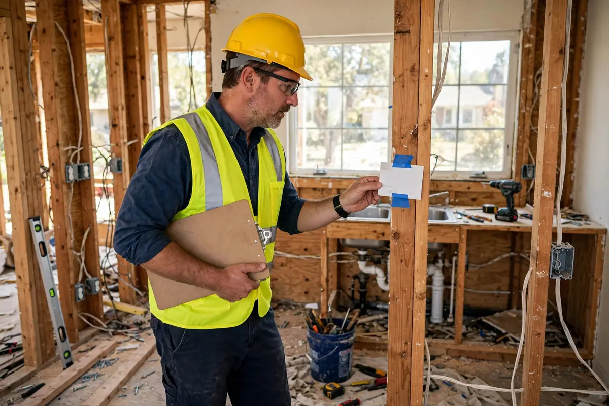 Building inspector reviewing a kitchen remodel permit during a Colorado Springs renovation