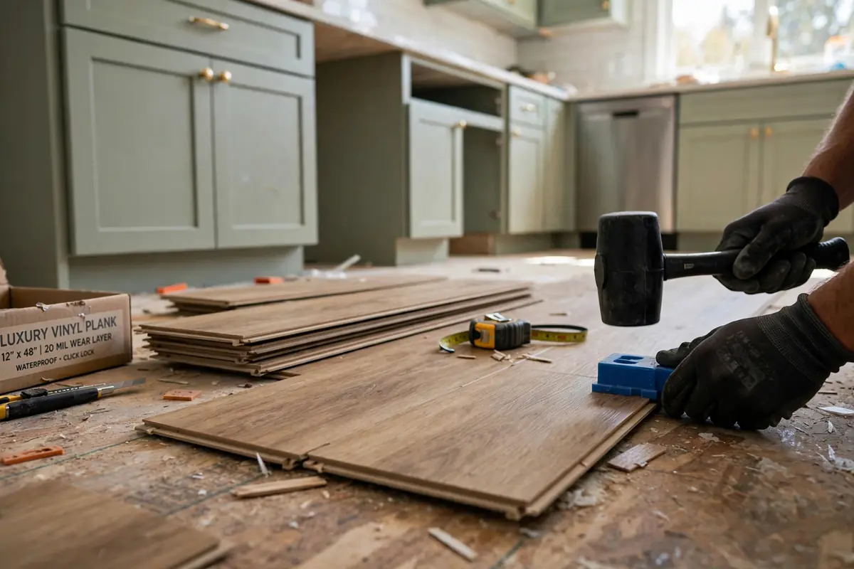 Kitchen flooring installation Colorado Springs: LVP flooring being installed