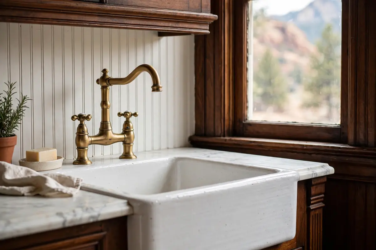 Farmhouse apron sink with brass faucet and beadboard backsplash in a historic Manitou Springs kitchen remodel