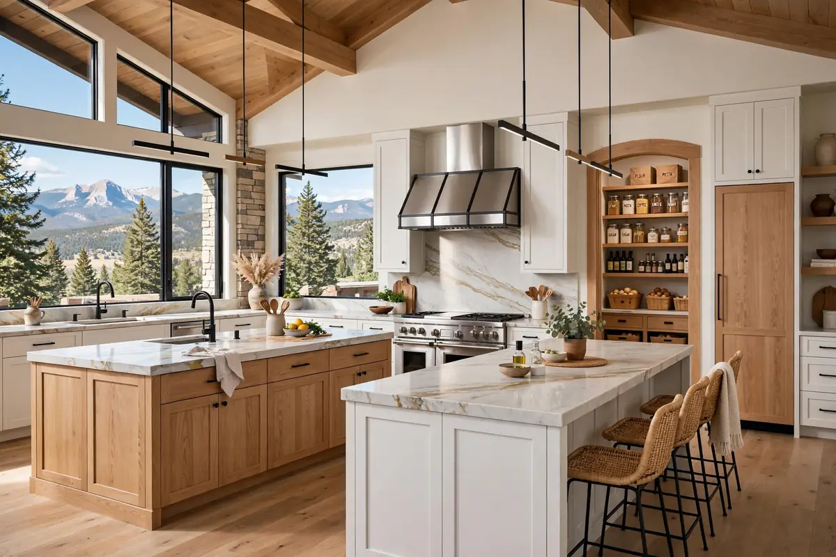 Spacious custom home kitchen in Monument CO with double island and professional range after remodeling