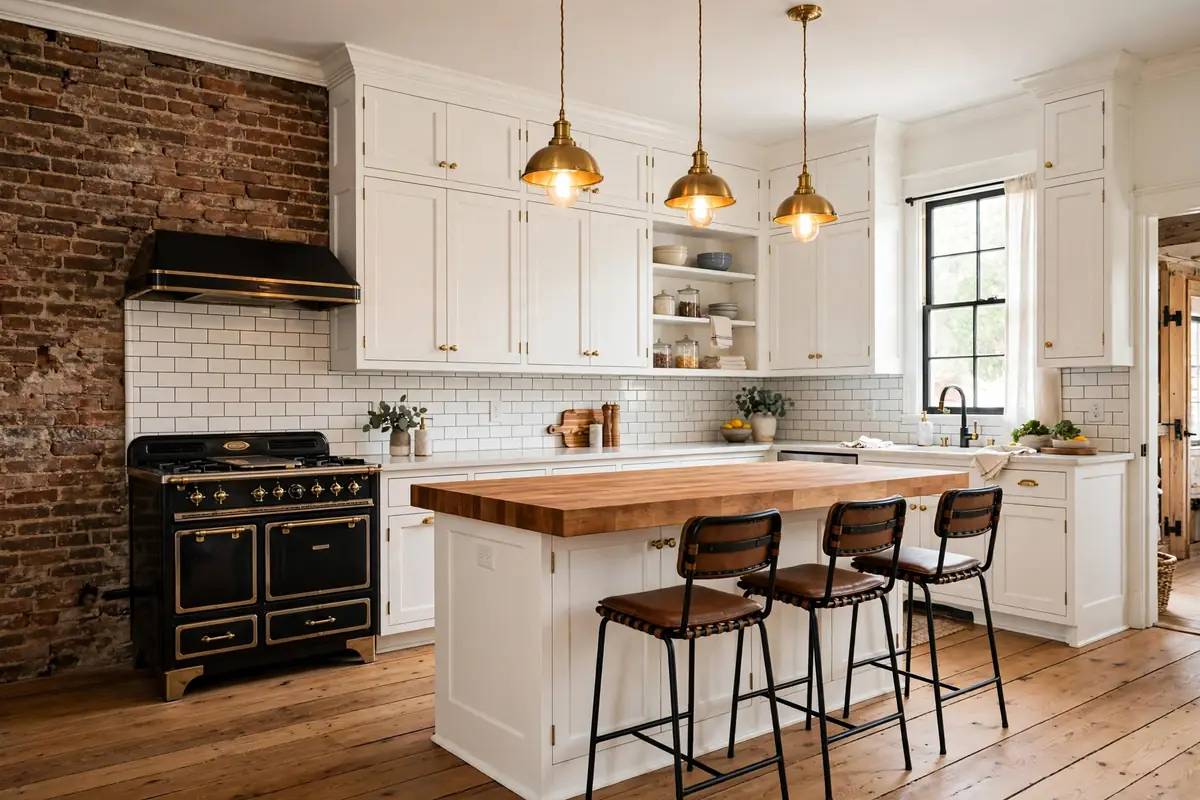 Kitchen remodel Old Colorado City: exposed historic brick wall, white shaker cabinets, butcher block island