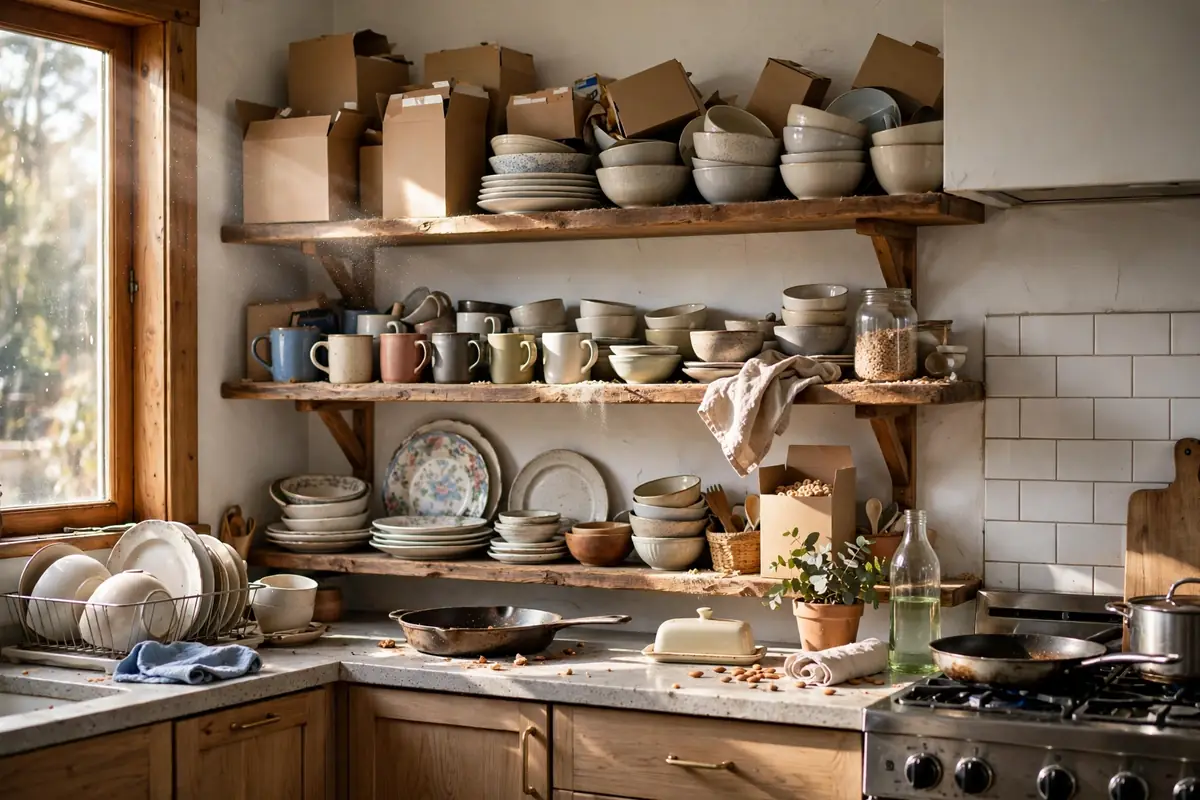 Open kitchen shelving with cluttered dishes and dust, a kitchen design trend to avoid