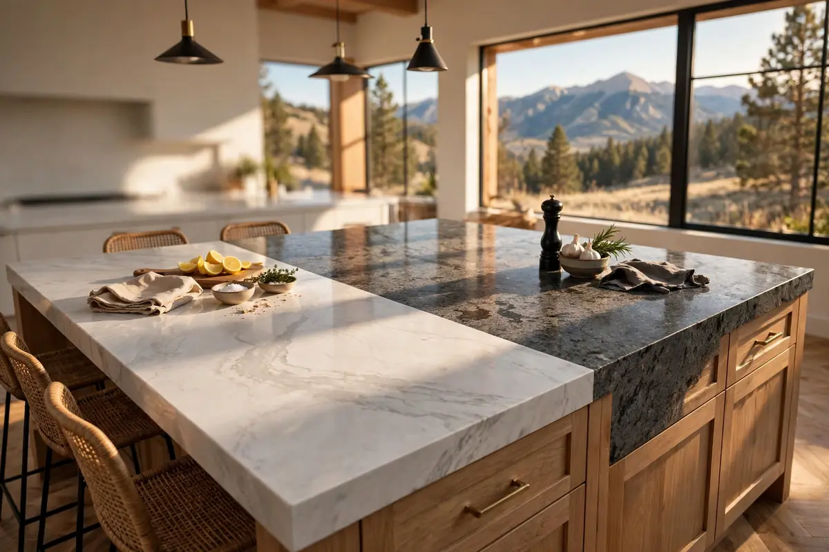Quartz vs granite countertops compared side by side on a kitchen island in Colorado sunlight