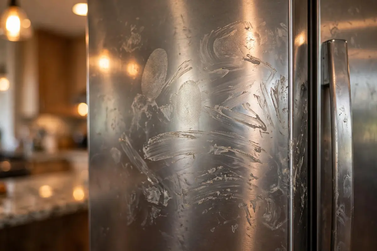 Fingerprint smudges on standard stainless steel refrigerator, a common kitchen regret