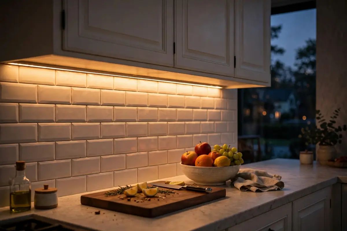 Under-cabinet lighting installation glowing over a kitchen countertop in Colorado Springs