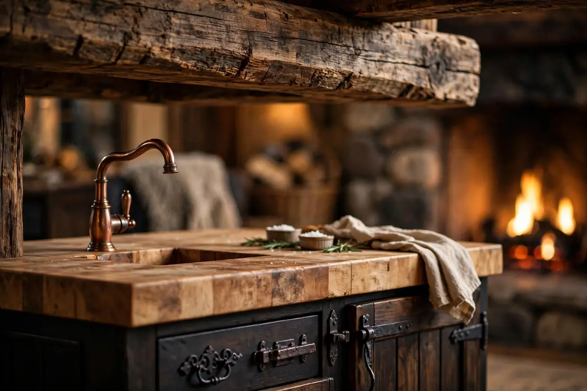 Timber beam and copper faucet detail in a Woodland Park CO mountain kitchen remodel